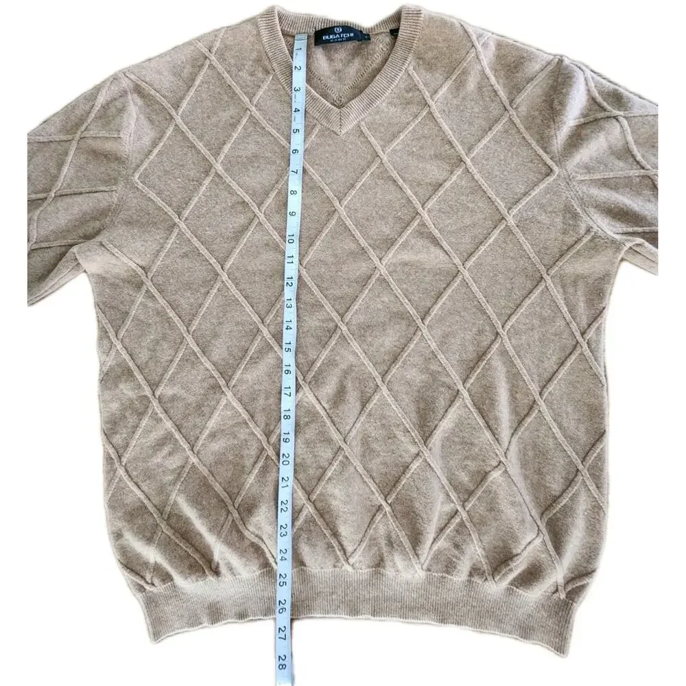 Bugatchi Diamond Stitch Cashmere Knit Tan V-neck Sweater Men's Size Large